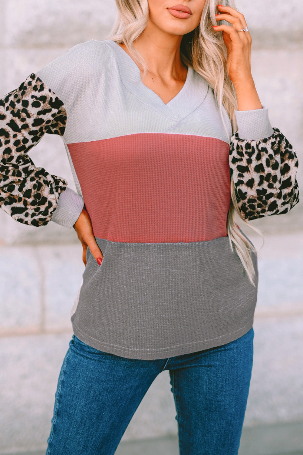 Women's Waffle Contrast Sleeve Knit Top