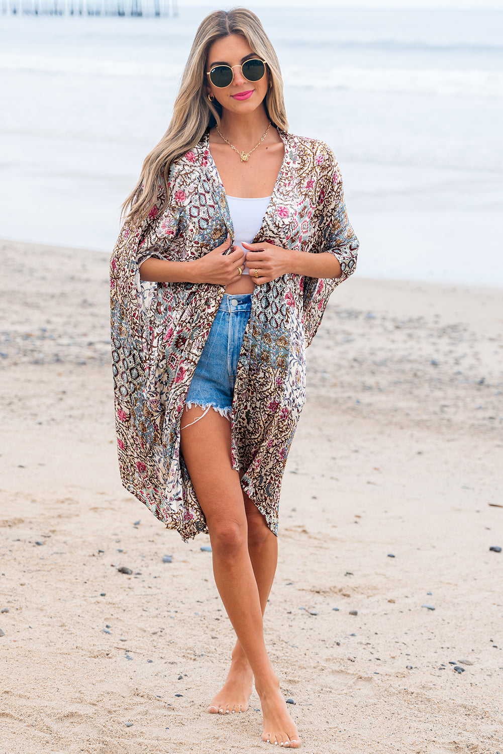 Floral Print Short Wide Sleeve Open Front Loose Kimono