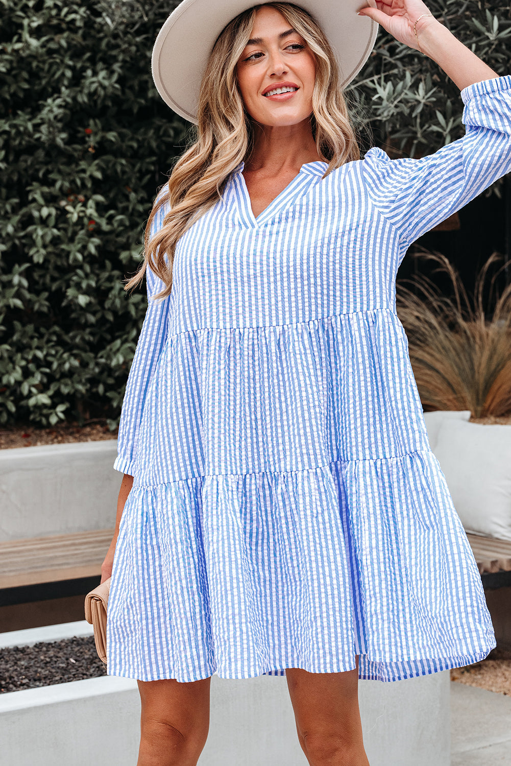 Tiered Bracelet Sleeve Shift Dress Featuring Pockets