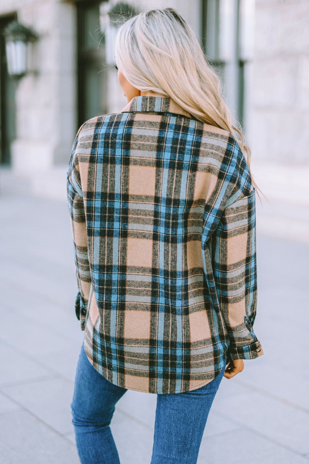 Women's Pockets Featuring Button-Front Shirt with Plaid Color-Block