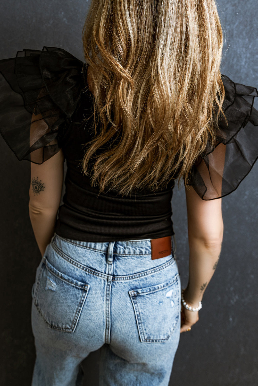Women's Knit Top Featuring Rib-Knitted Mesh Flutter
