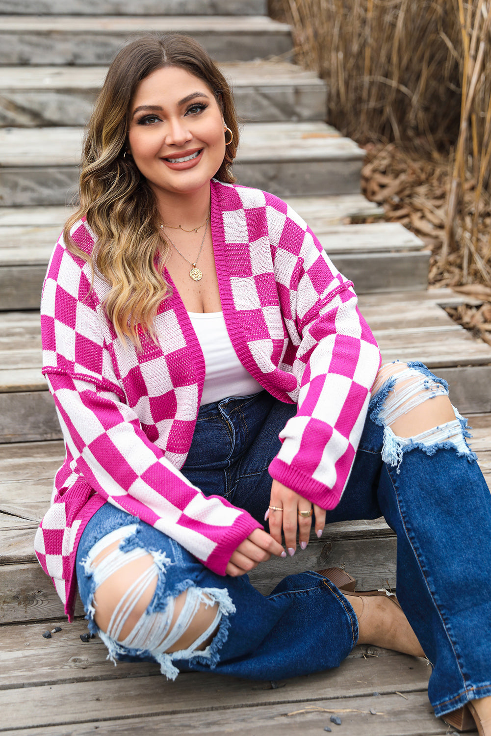 Women's Checked Pattern Plus Size Cardigan