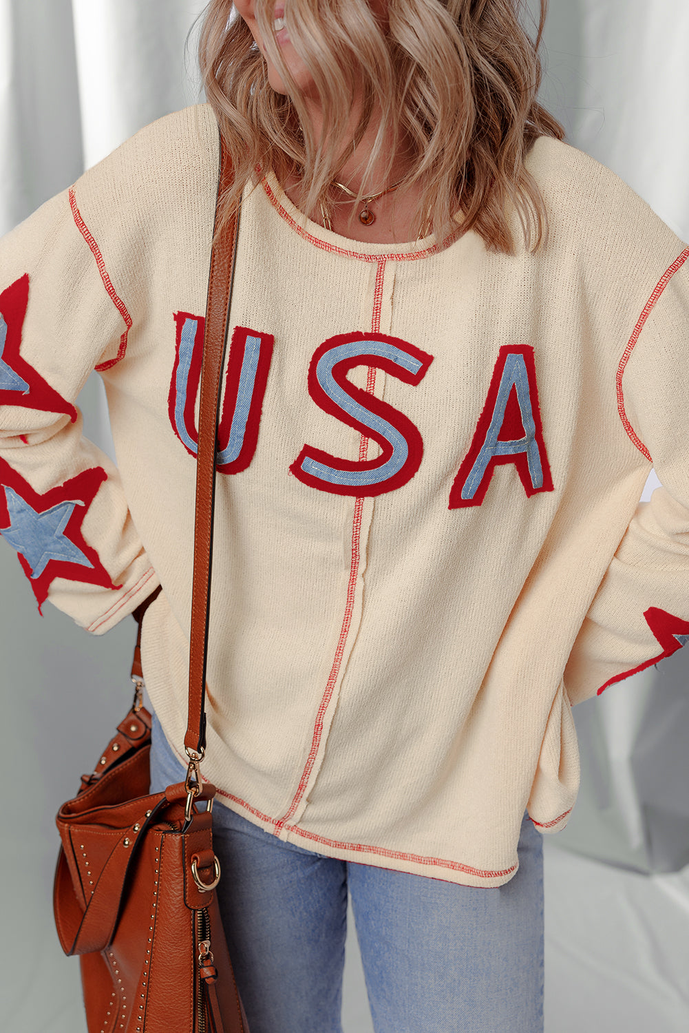 Contrast USA Star Patchwork Long-Sleeved Top in Beige