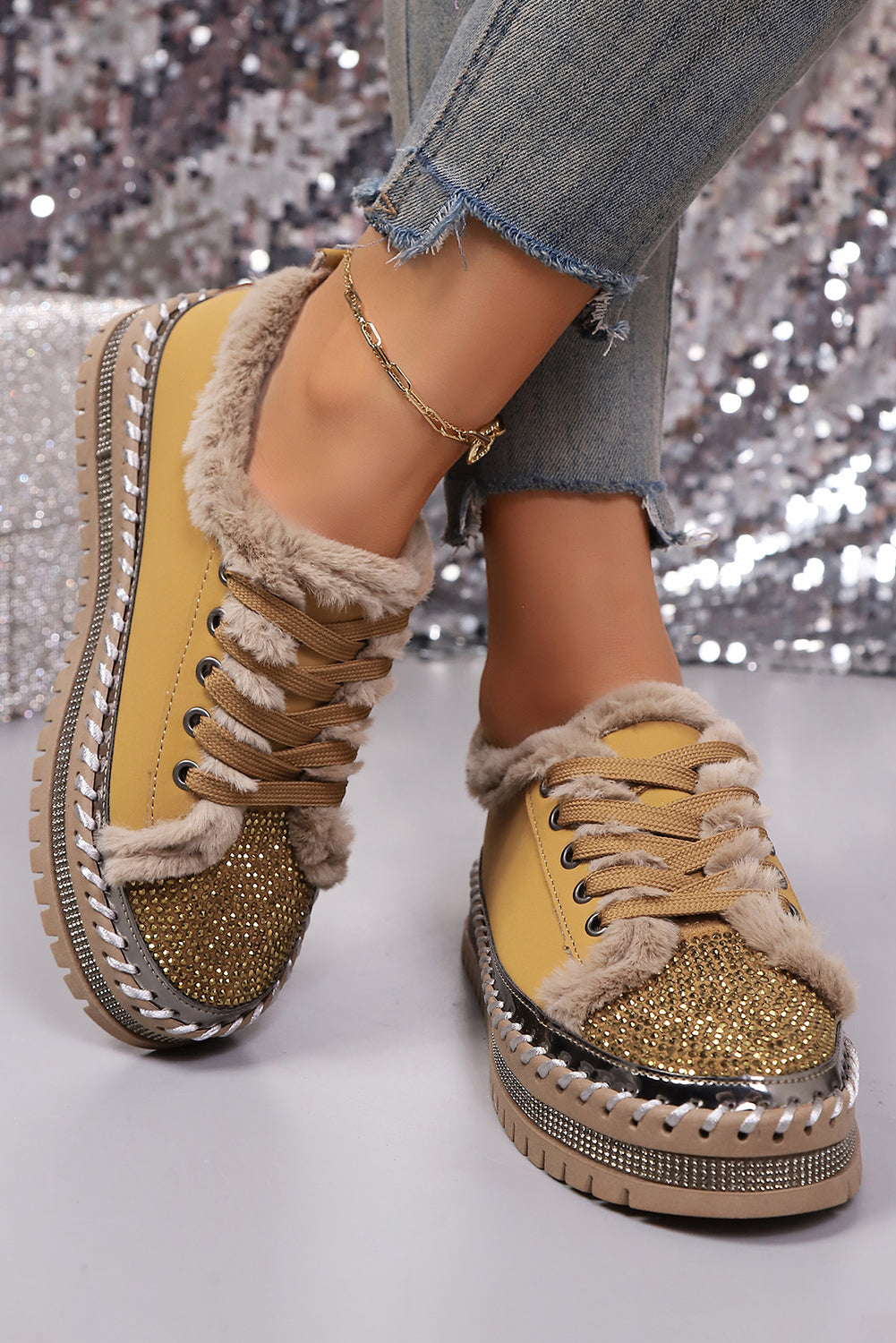 Embellished Faux Rhinestone Faux Fur Lining Lace-Up Flat Shoes