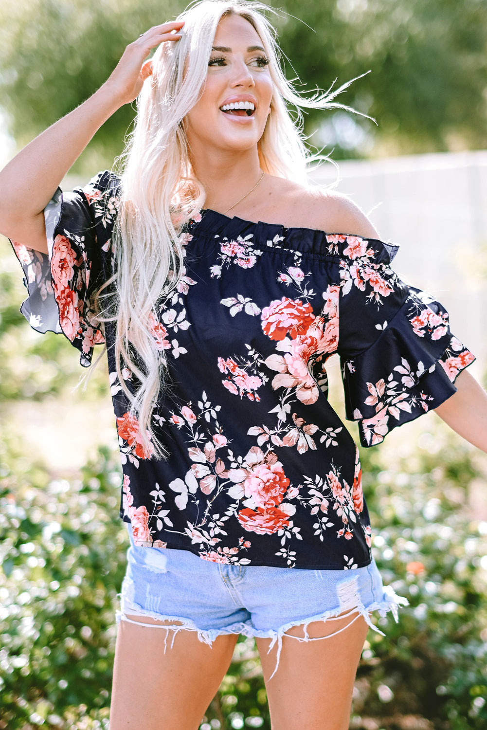 Women's Blouse Featuring Floral-Print Ruffle-Trimmed Flounce Sleeve