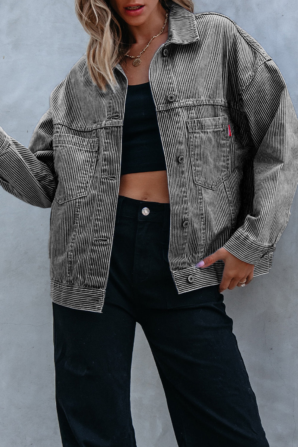 Washed Oversize Stripe Oversize Pocket-Detail Denim Jacket in Blue