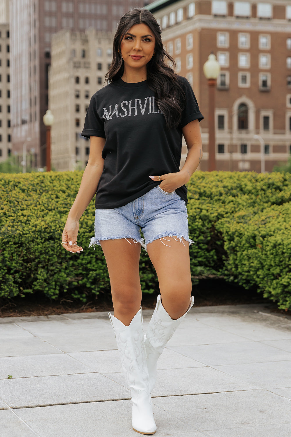 Women's T Shirt with Crew Neck Rhinestone NASHVILLE Graphic-Print