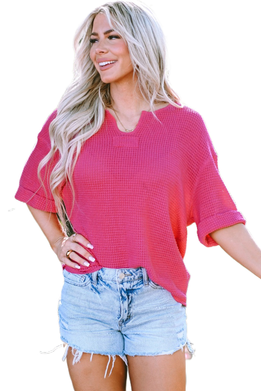 Women's Textured Knitted Split Neck Top