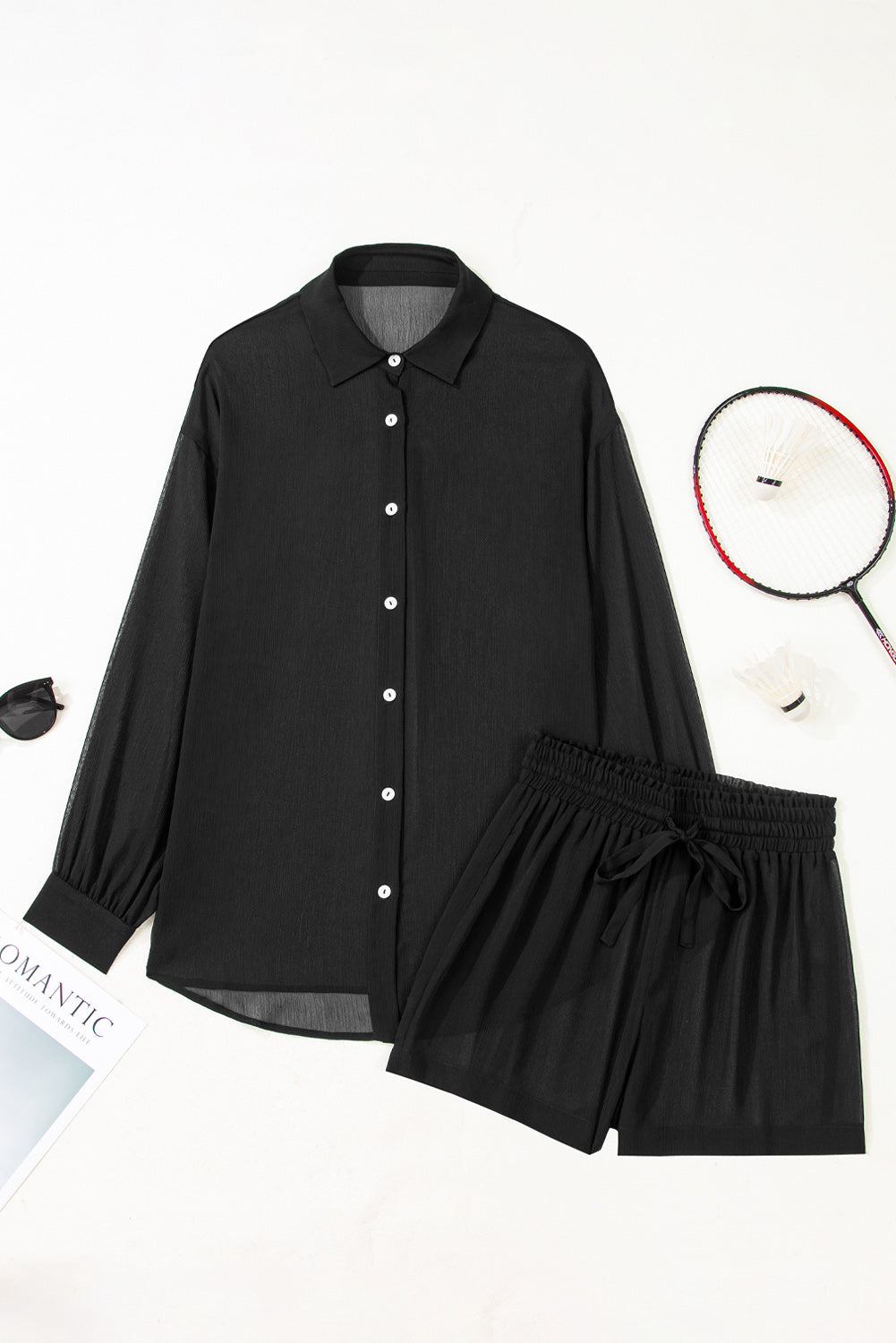 Sheer Drawcord Tunic Shirt Shorts 2pcs Swim Cover Up in Black