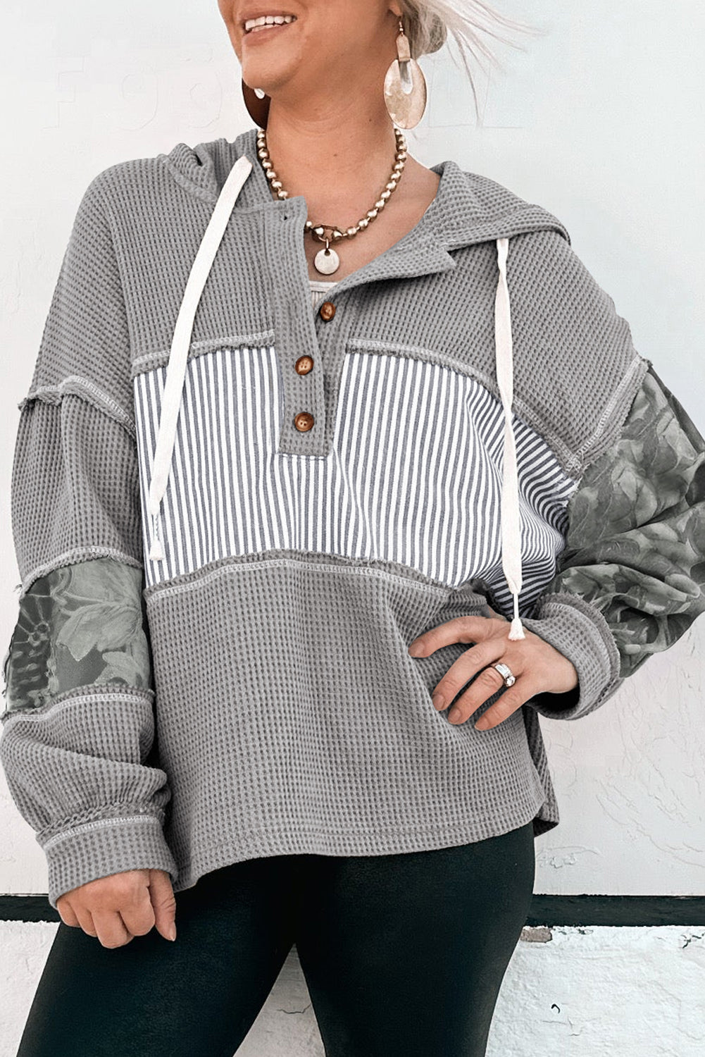Printed Patchwork Waffle Patchwork Drawcord Hooded Long-Sleeved Top