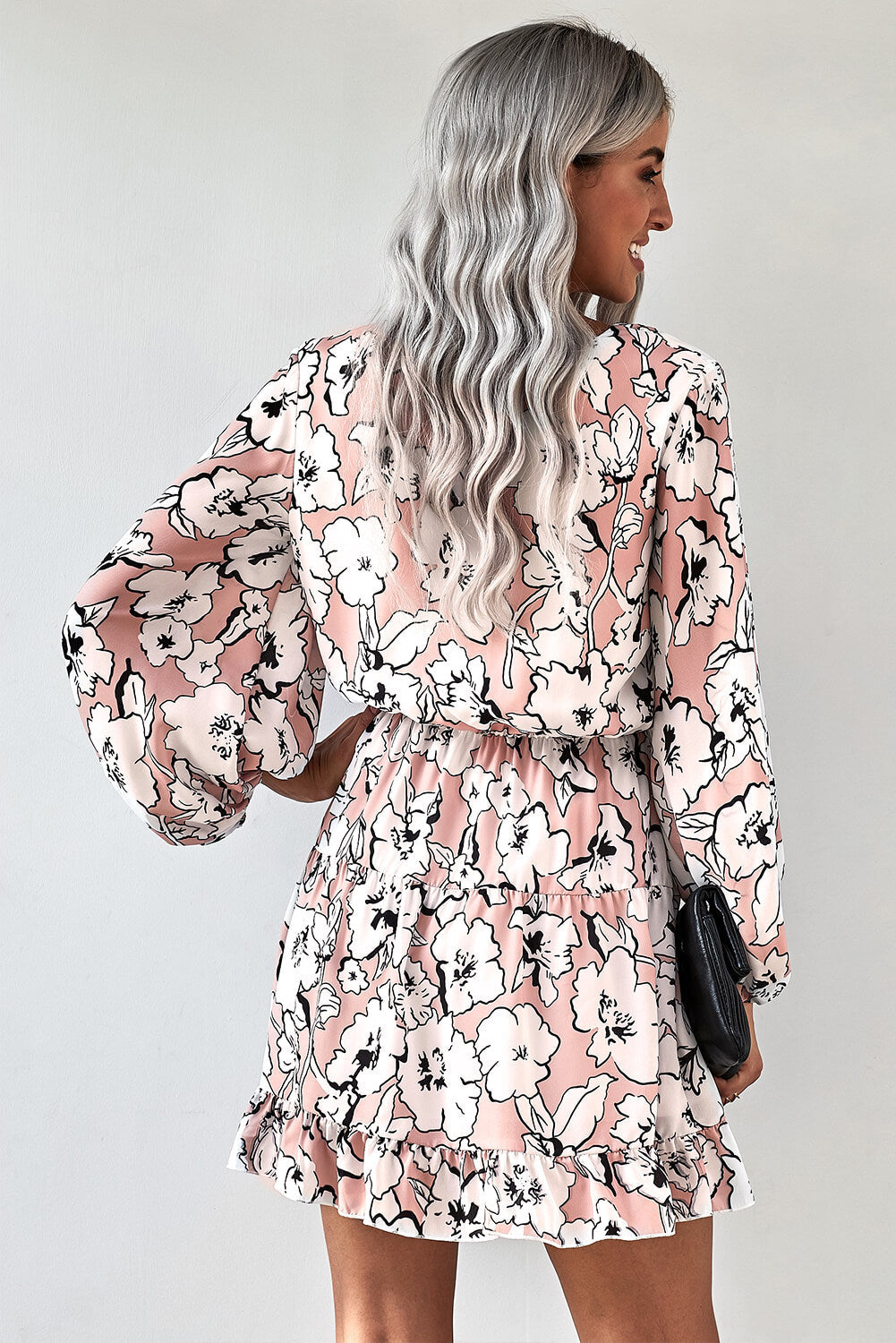 Women's Dress with Tunic Chic Apricot V Neck Lantern Sleeves Floral-Print