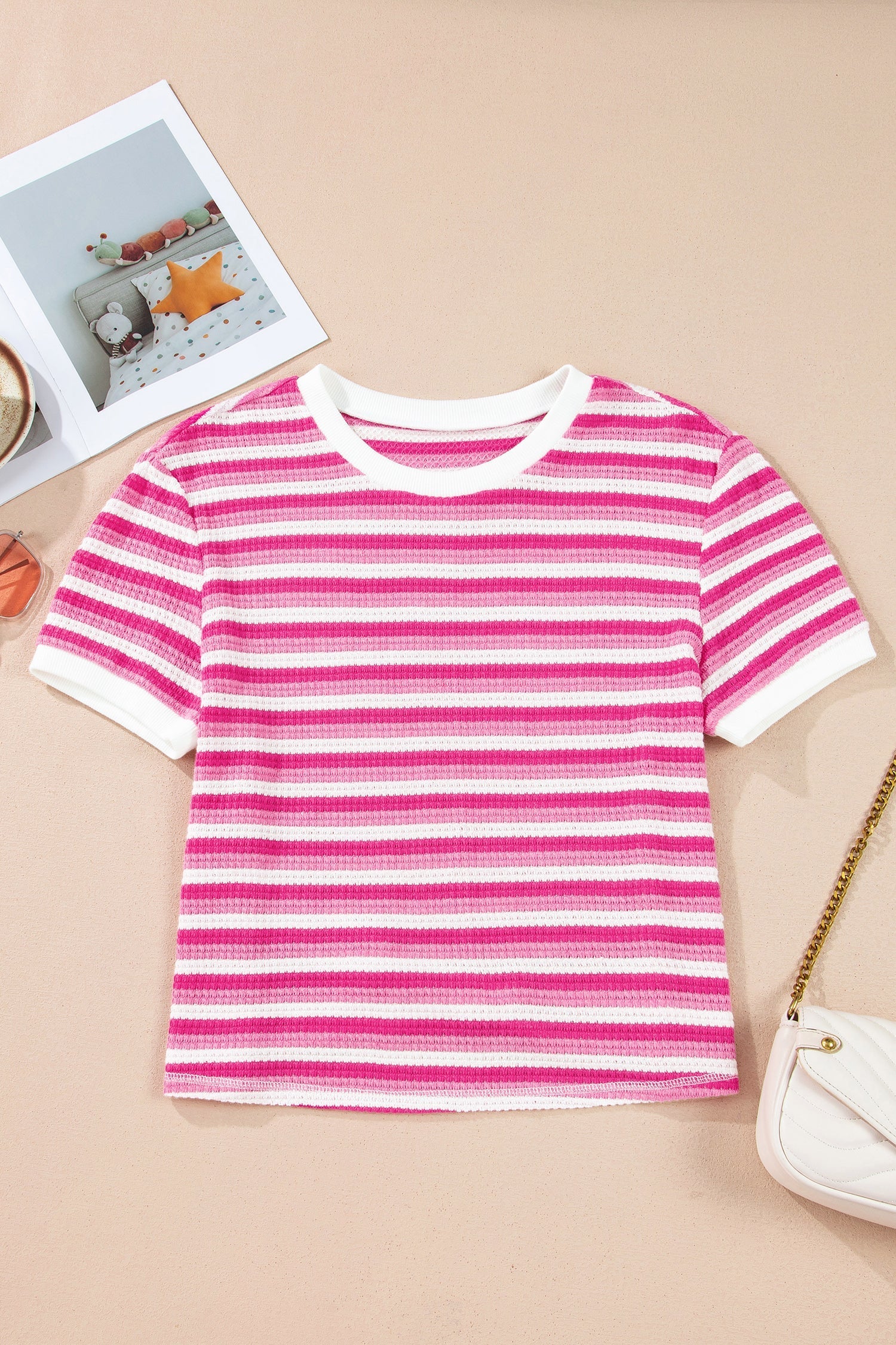 Sachet Pink Textured Knit Short-Sleeved Crossed Detail Tee