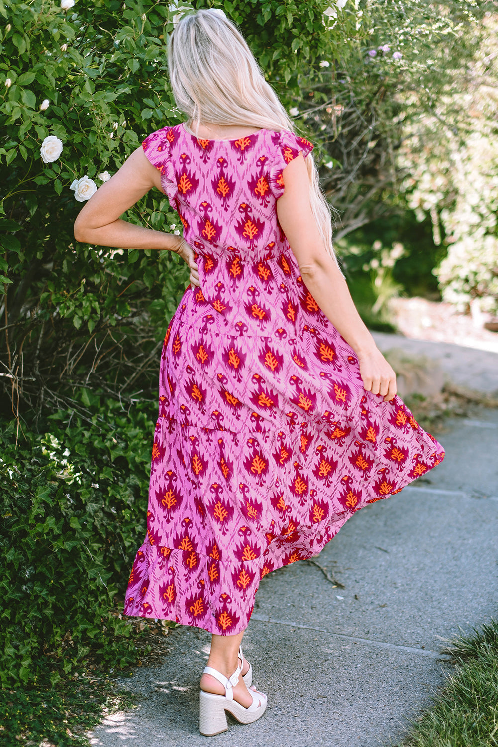 Women's Maxi Dress with Ruffle-Trimmed Sleeve Twist-Front