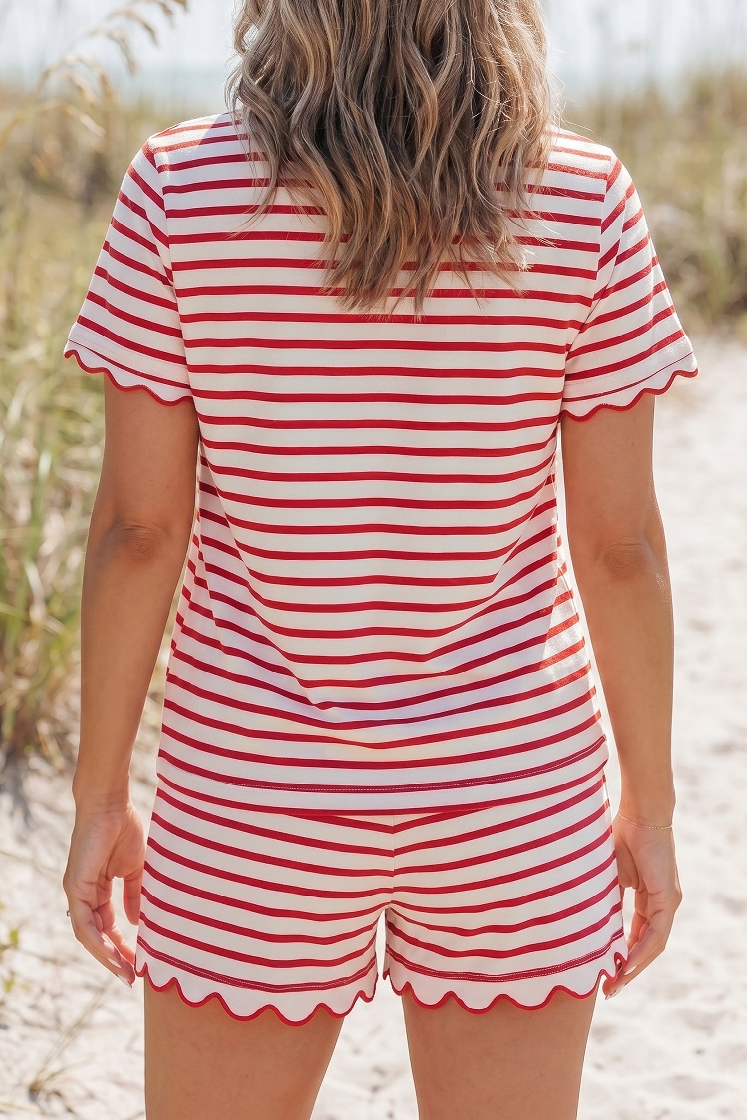 Cute Red Stripe Scallop Trim Everyday Top 2pcs Short Set