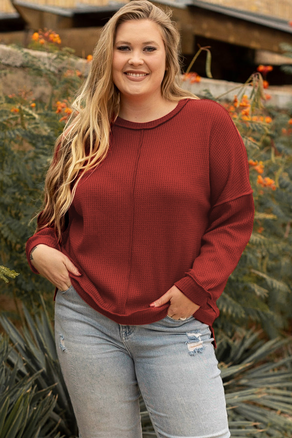 Top for Women Plus Size Waffle Knitted