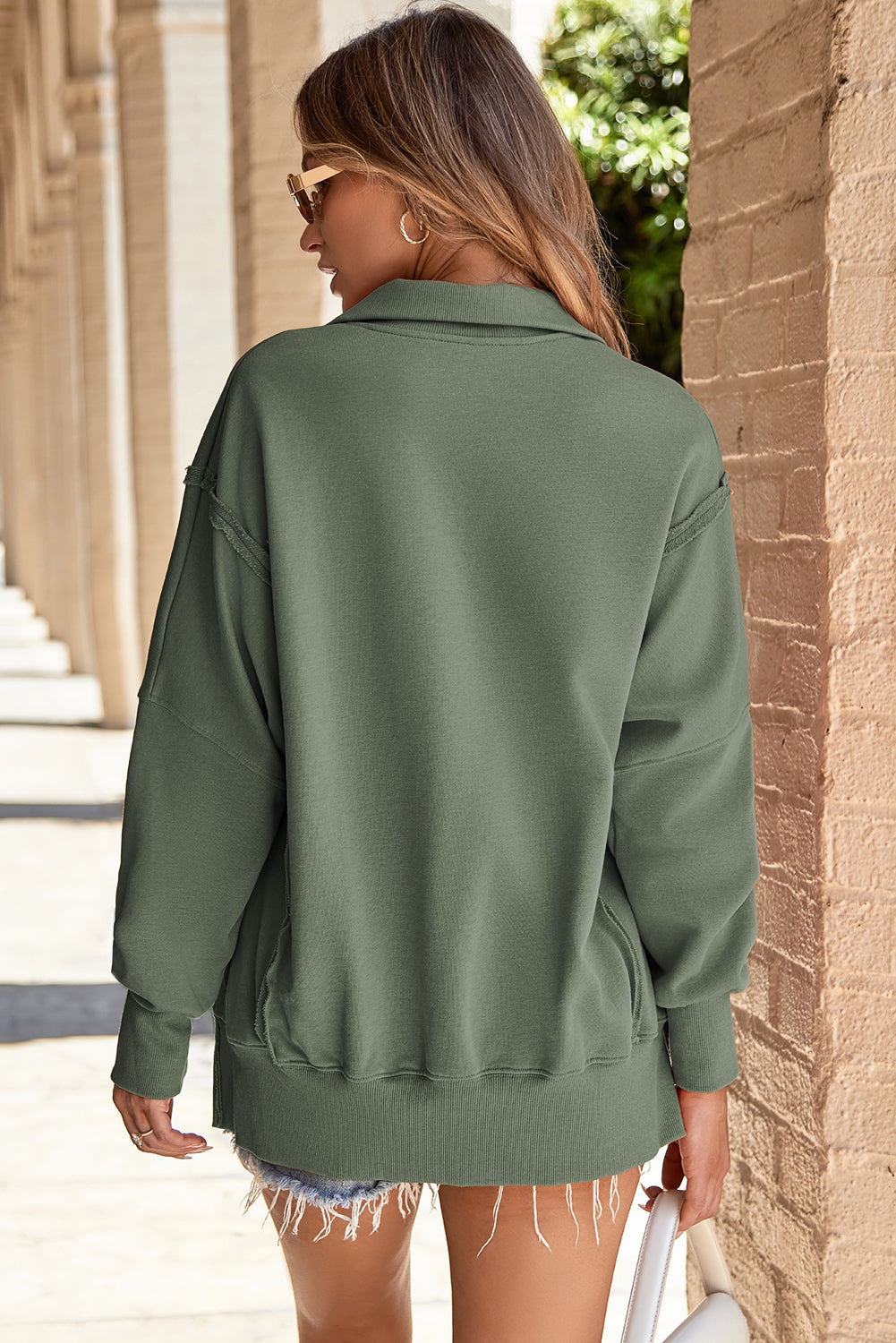 Raw Button-Front Collared Detail High Low Baggy Sweatshirt with Slits