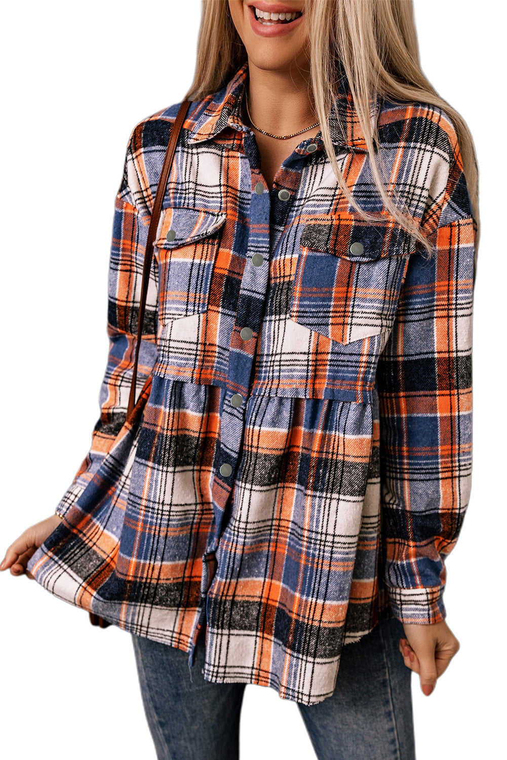 Women's Shirt Jacket Featuring Plaid Ruffle-Trimmed