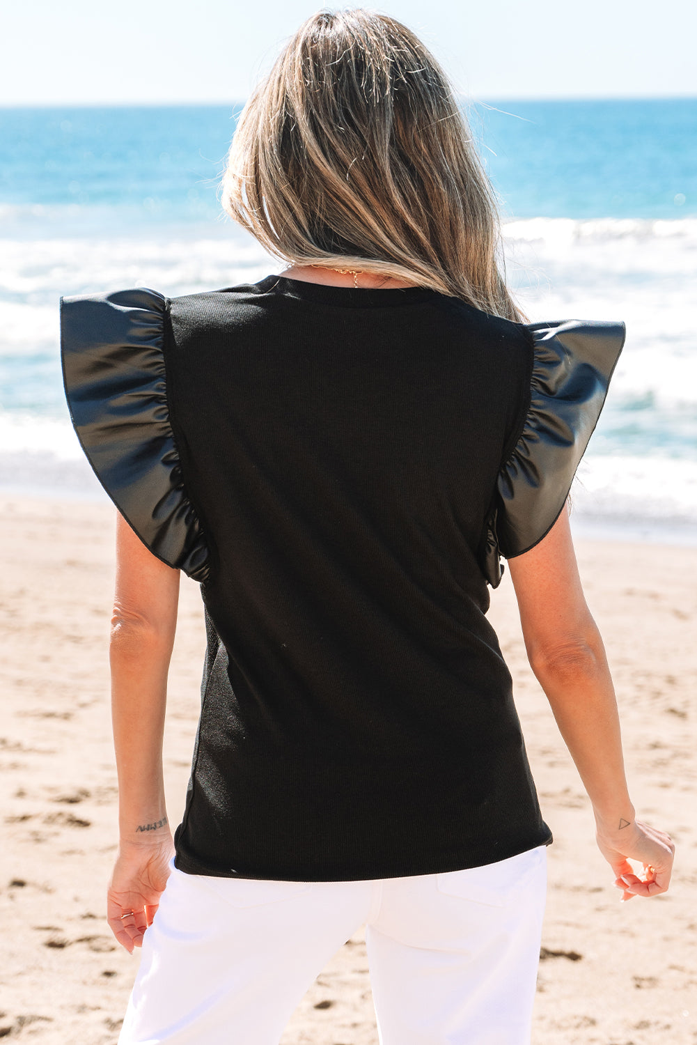 Black Leather Ruffle Sleeve Patchwork Blouse