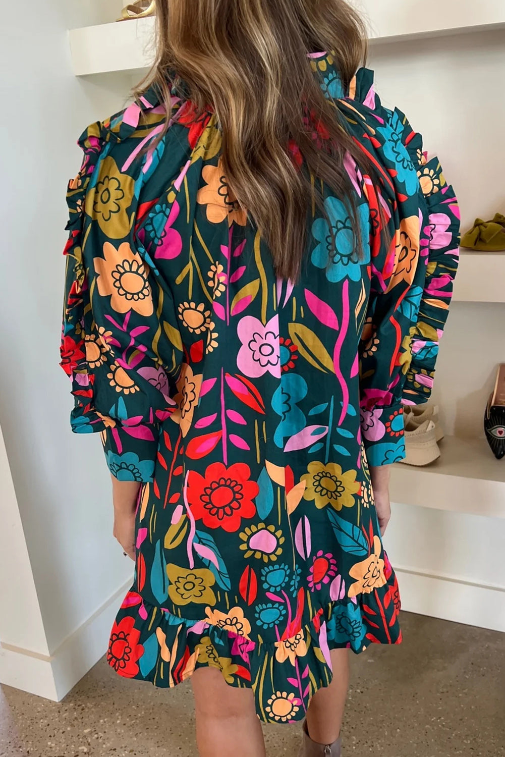 Women's Balloon Sleeve Ruffle-Trimmed Mini Floral-Print Print Dresses