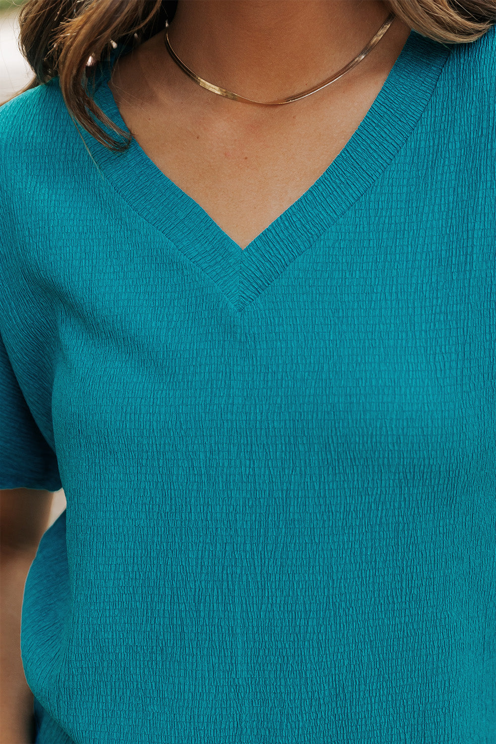 Women's T-shirt Featuring Wide Sleeve Crinkled V Neck