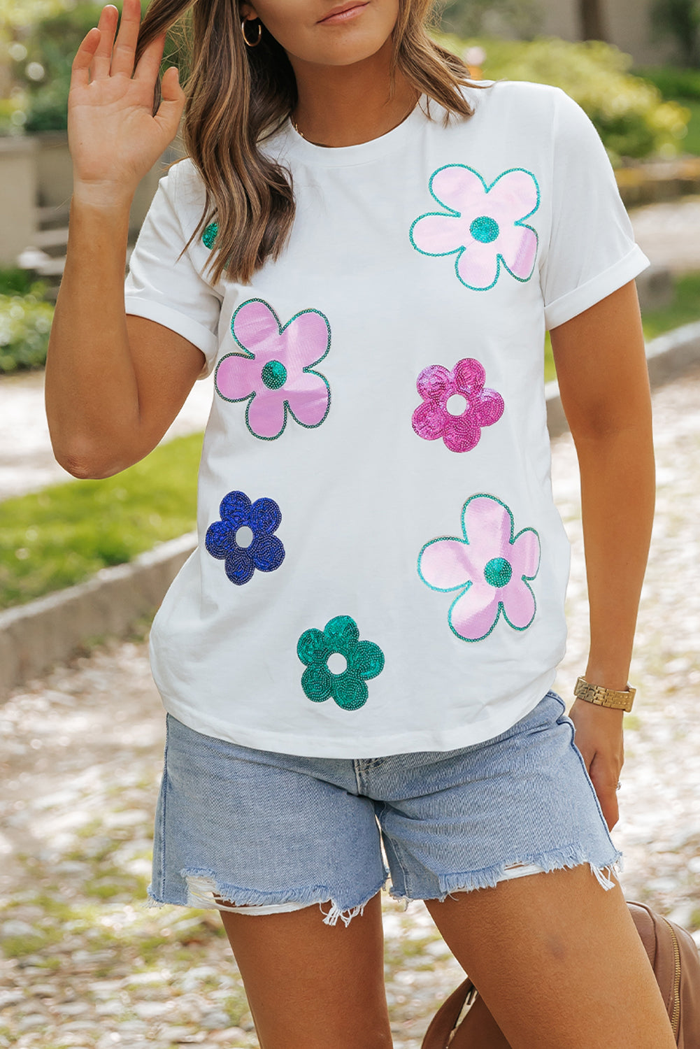 T Shirt for Women Sequined Flower Pattern Round Neck