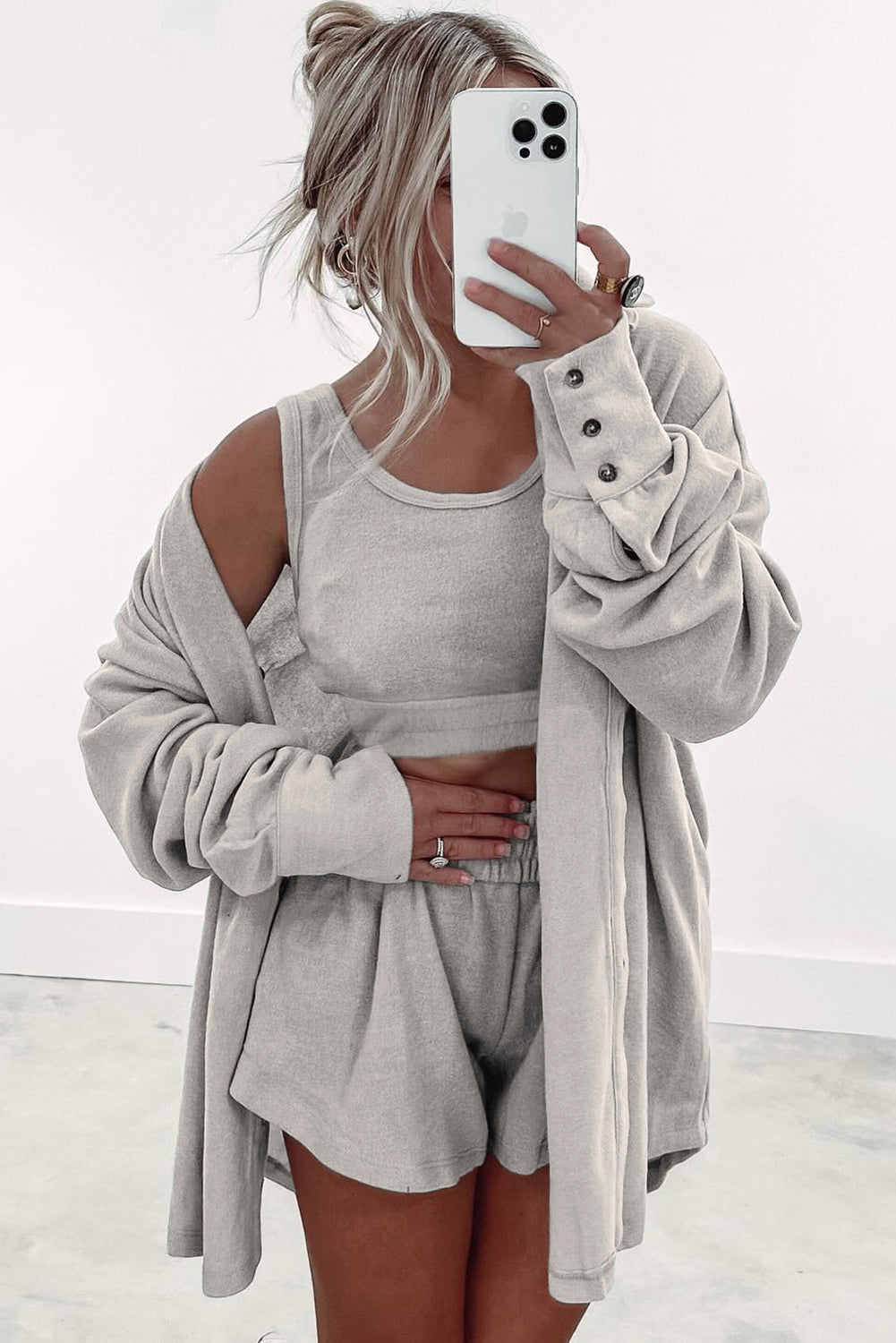 Pcs Crop 3 Crop Tank Top Shorts with Cardigan Lounge Set in Gray