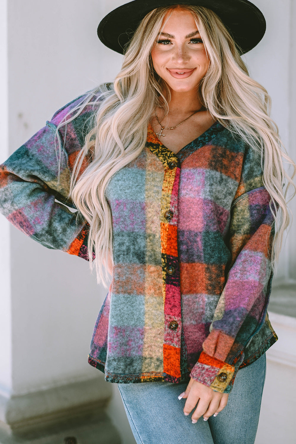 Jacket for Women Button-Front Block Brushed Checked Western