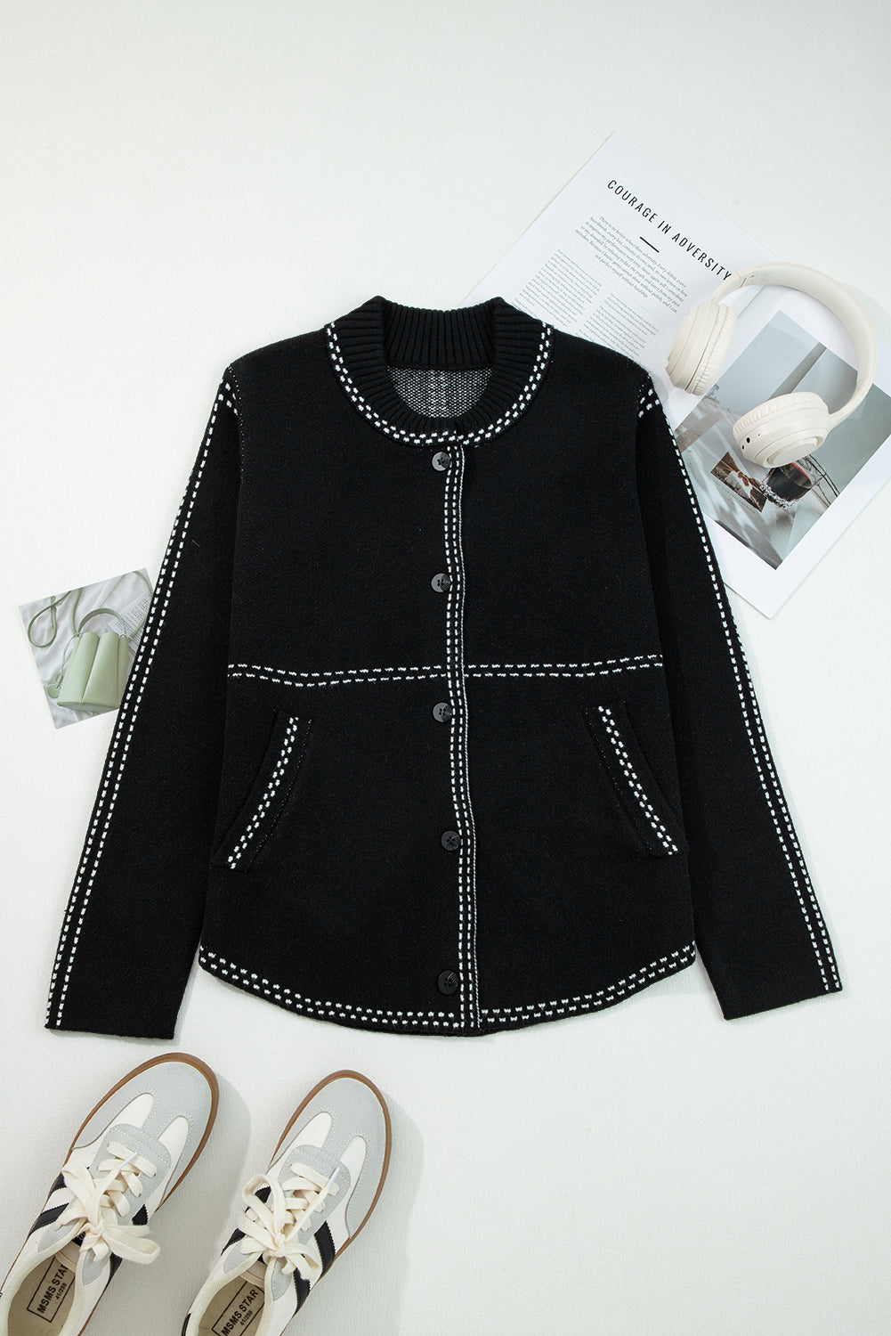 Button-Front Contrast Trim Cardigan Knit Top in Black