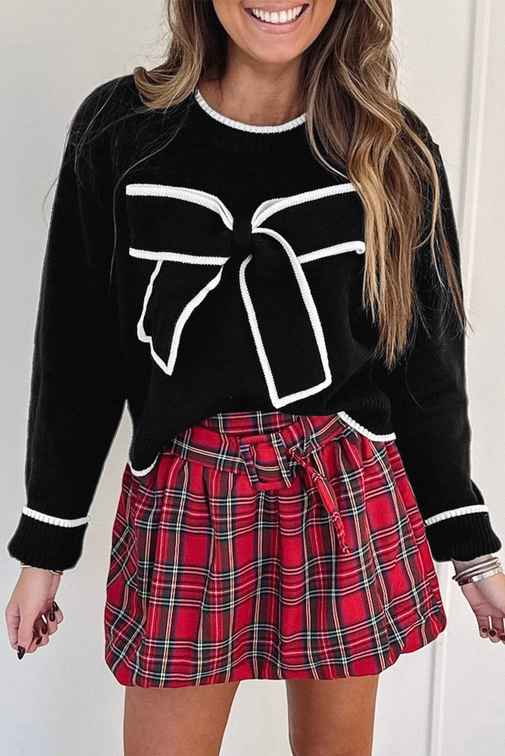 Trim Big Contrast Big Bow Accent Holiday Cropped Knit Top