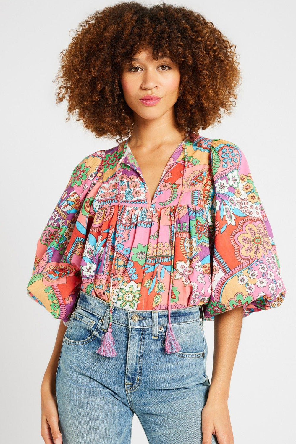 Floral Bubble Boho Bubble Sleeve Tassel Tied Neck Pleated Blouse
