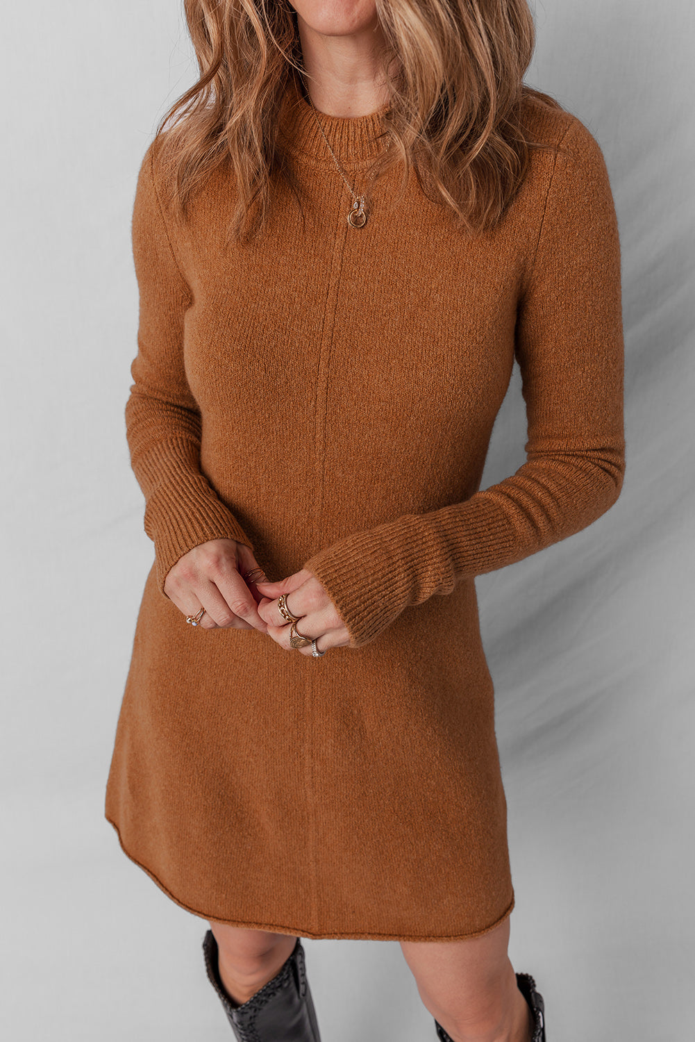 Yellow Rib-Knit Straw Rib-Knit Detail Solid Mini Knit Top Dress