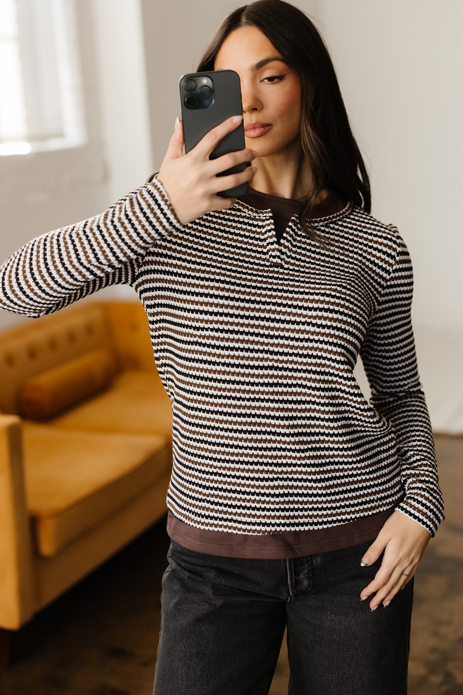 Textured Faux 2-Piece Striped Round-Neck Long-Sleeved T Shirt