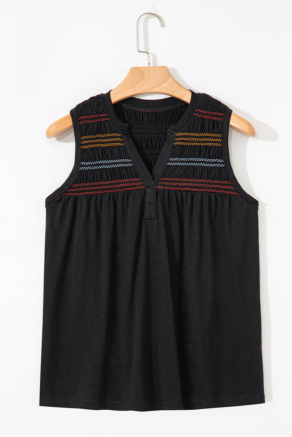 Shirred Yoke Colorful Yoke Notched V-Neck Tank Top