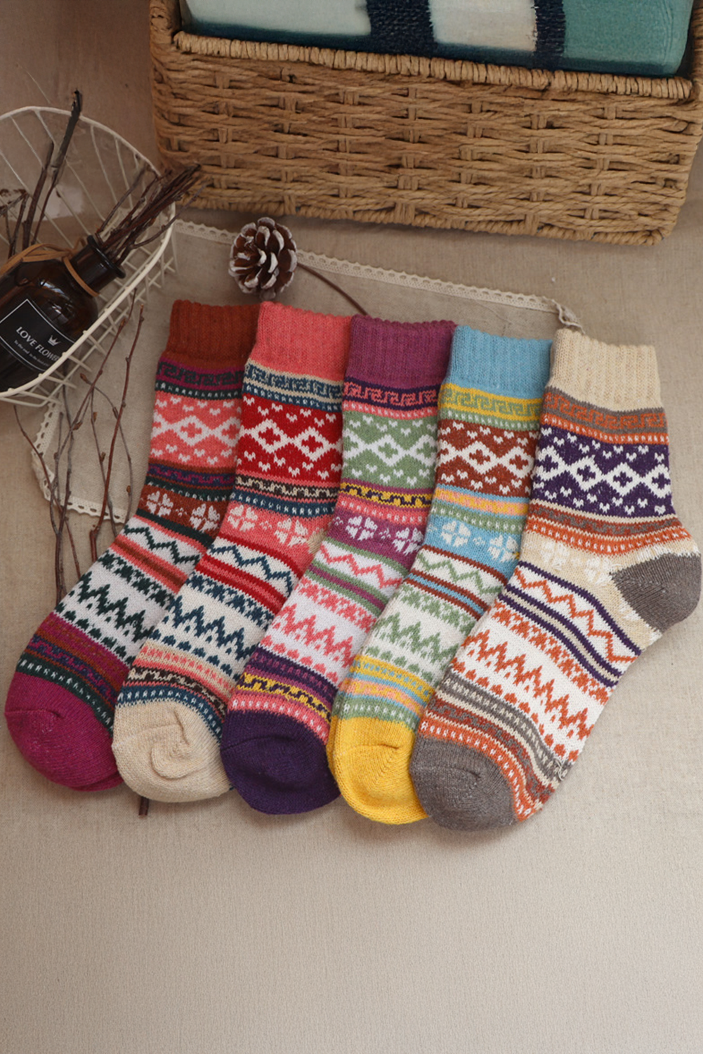 5pcs/Set Soft Bohemian Pattern Crew Socks