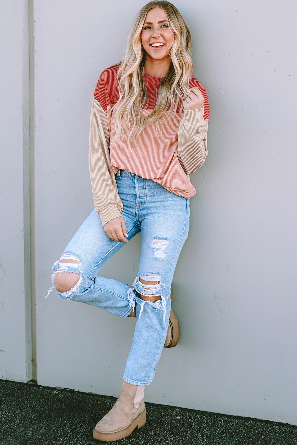Women's Top Featuring Long-Sleeve Rib-Knitted Loose