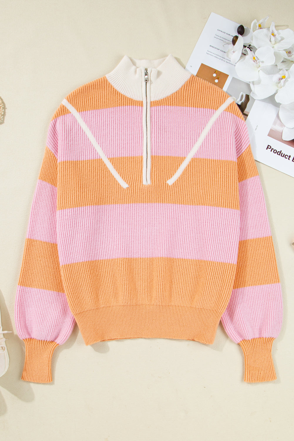 Half Zip Colorblock Zip Oversize Knit Top in Orange