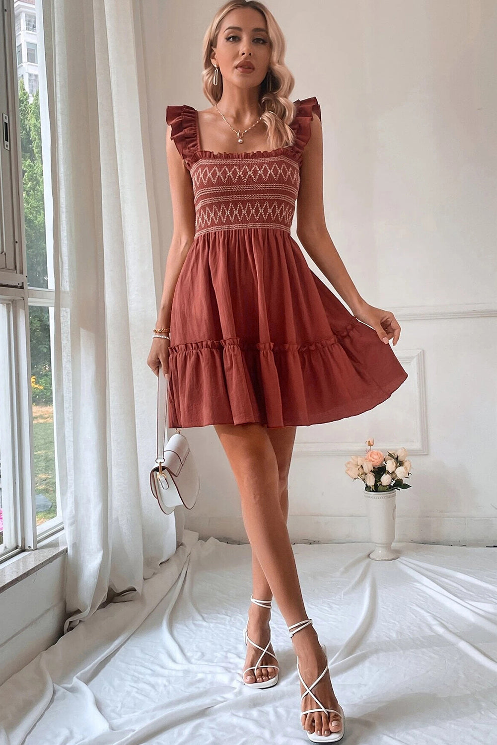 Geometric Stitch Shirred Bodice Ruffled Trim Sleeveless Mini Dress