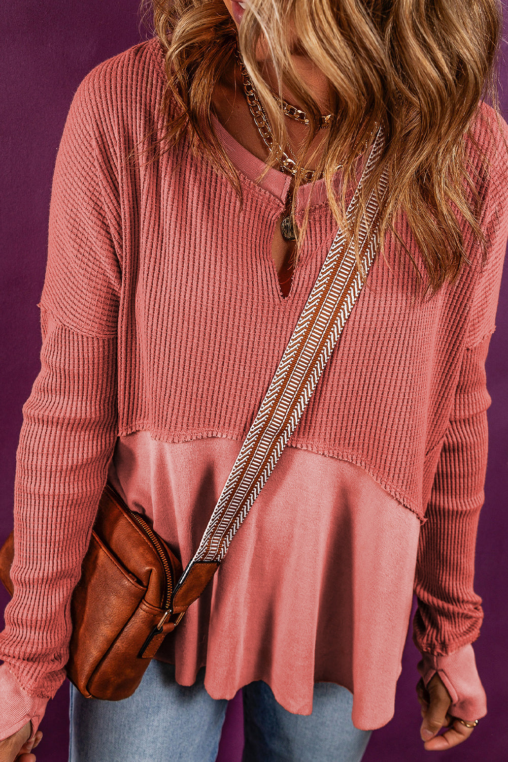 Women's Top Featuring Exposed Seam Knitted Patchwork
