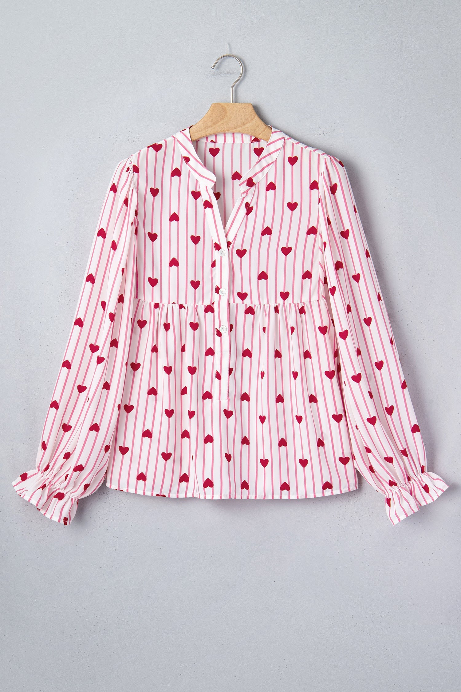 Stripe Long Heart Print Flounce Sleeve Shirt in Pink