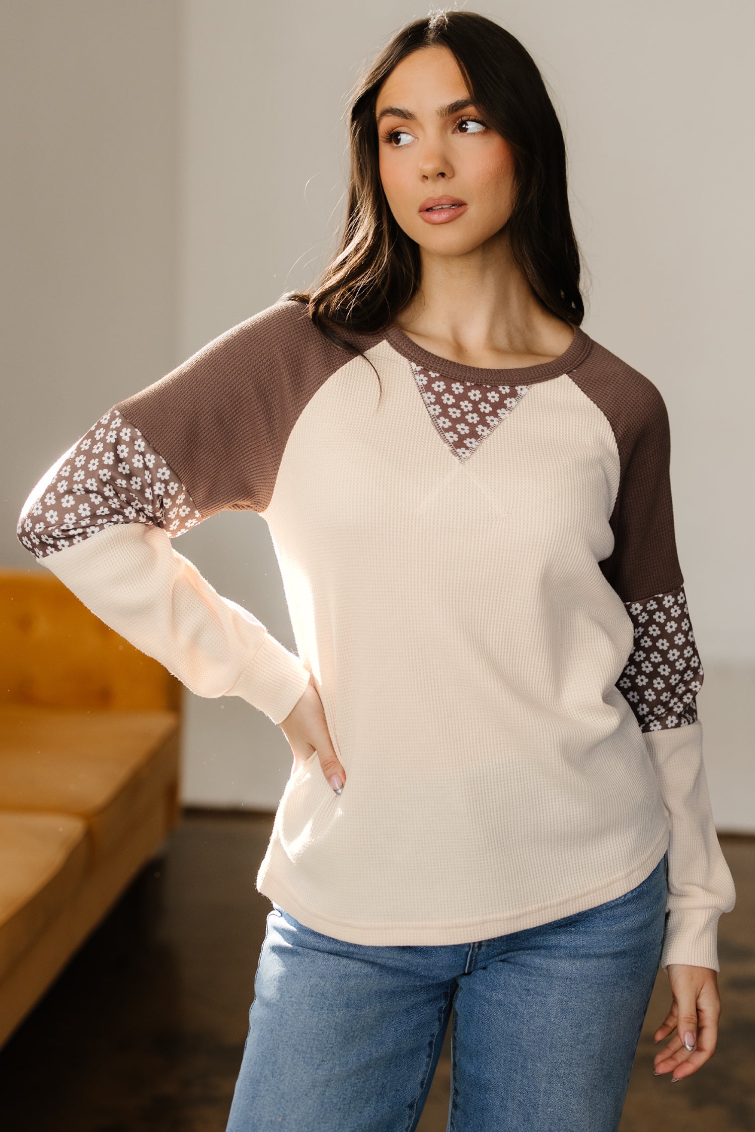 Floral-Print Patchwork Colorblock Long-Sleeved Top