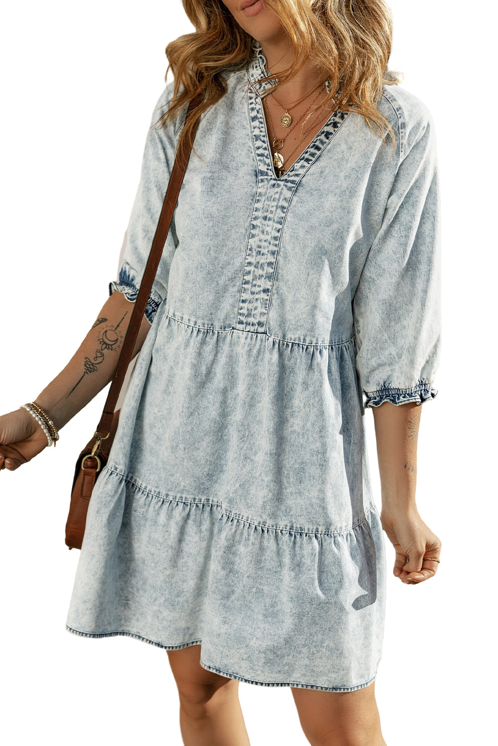 Dress for Women Denim Wash Retro Half Sleeve