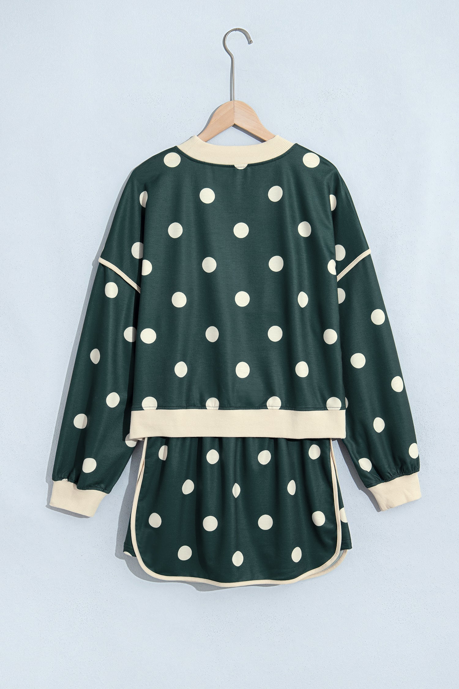 Trim Polka-Dot Print Baggy Pullover Drawcord Skirt 2-Piece Outfit in Green