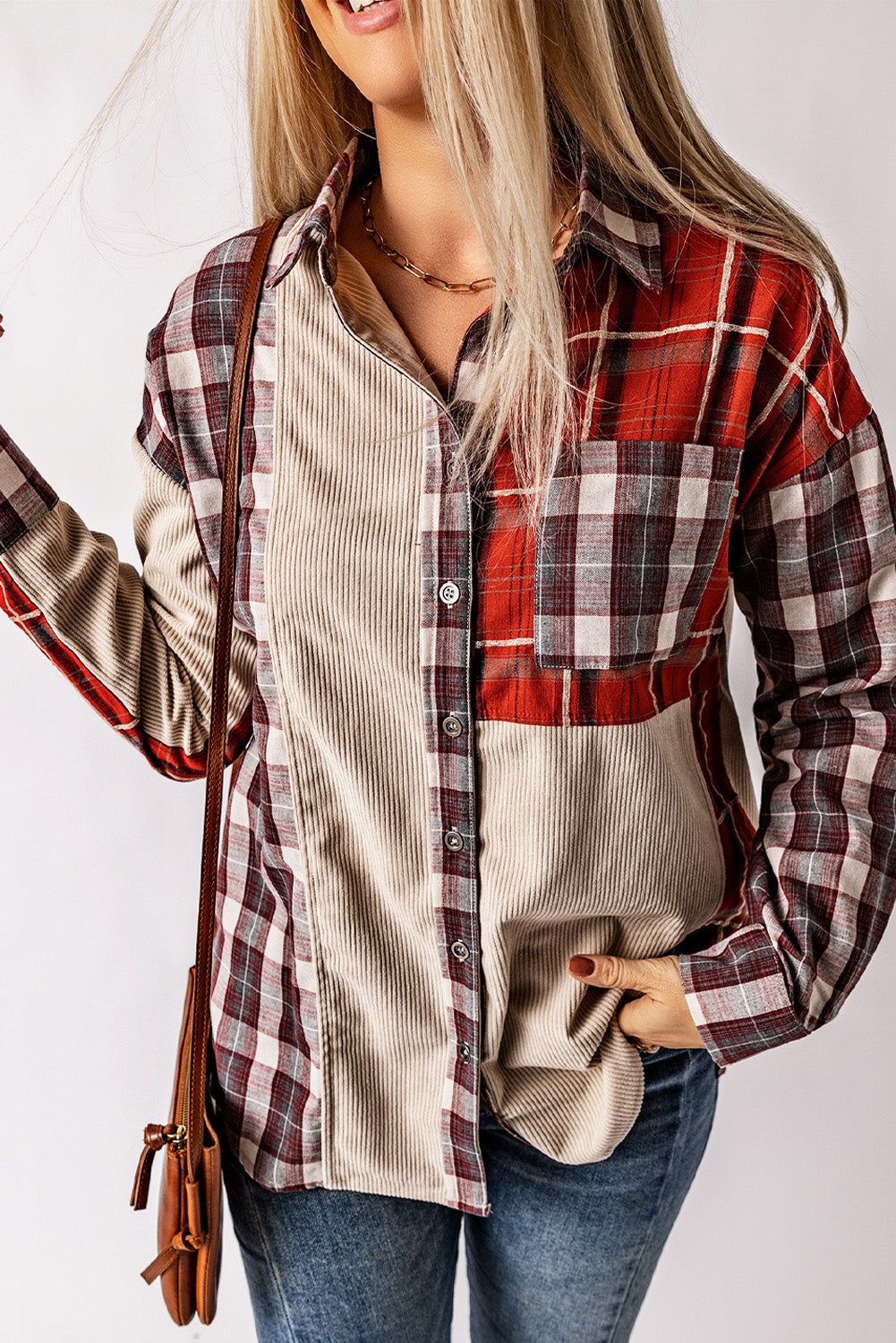 Women's Patchwork Plaid Cord Shacket