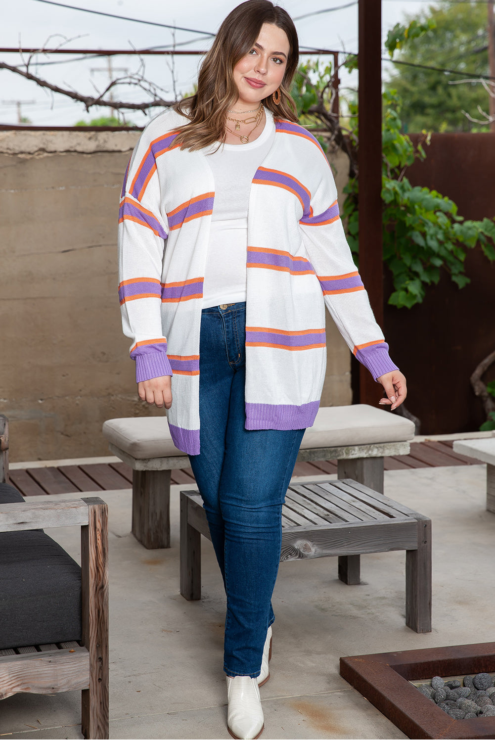 Women's Plus Size Striped Sweater Cardigan