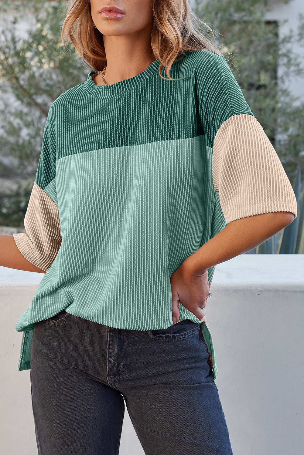 Color Block Ribbed Side Slits Half Sleeve Top