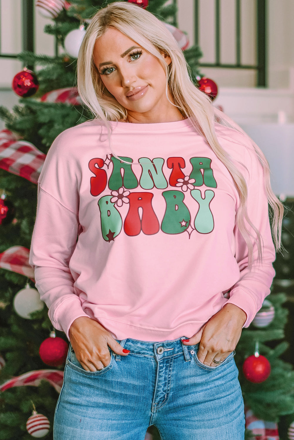 Women's SANTA BABY Floral-Print Graphic Sweatshirt