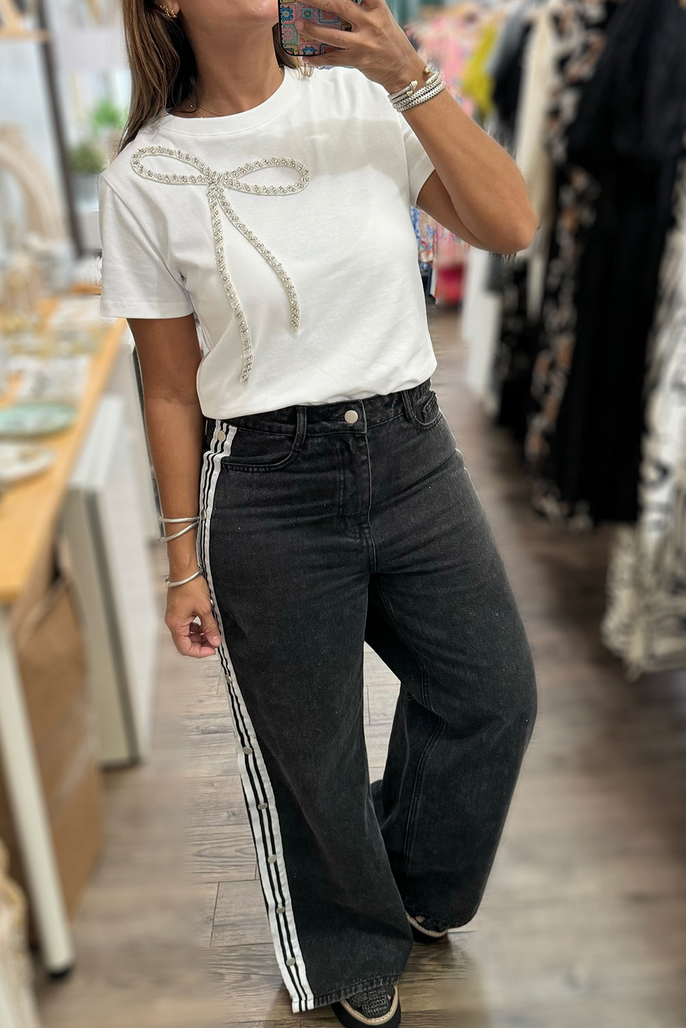 Rhinestone Bow Embellished Round-Neck Tee