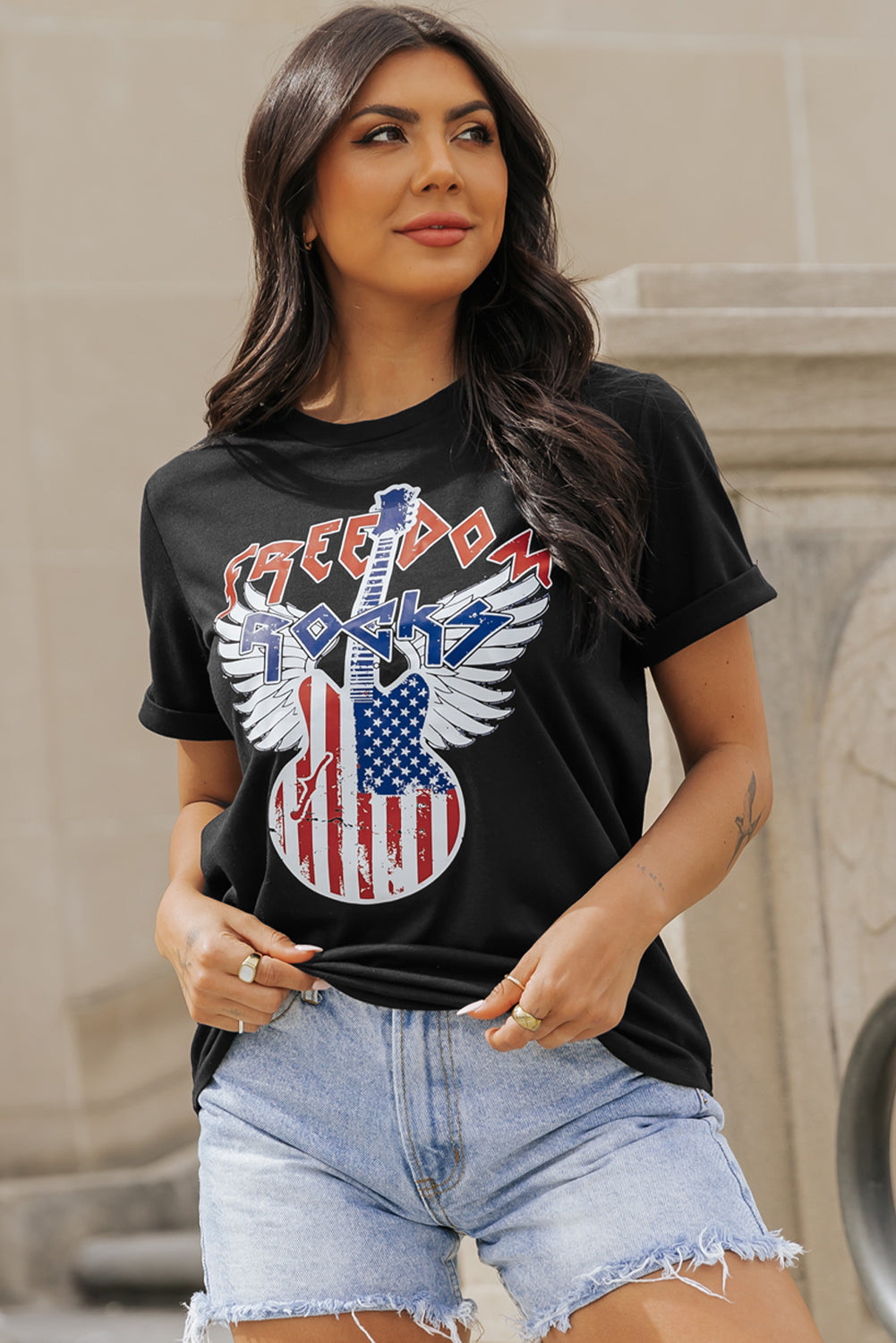 Tee for Women American Flag Guitar Print Crew Neck