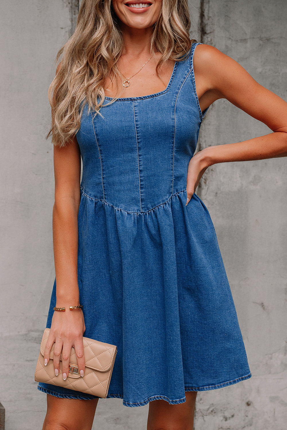 Neck Bowknot Square Bowknot A-line Sleeveless Denim Dress