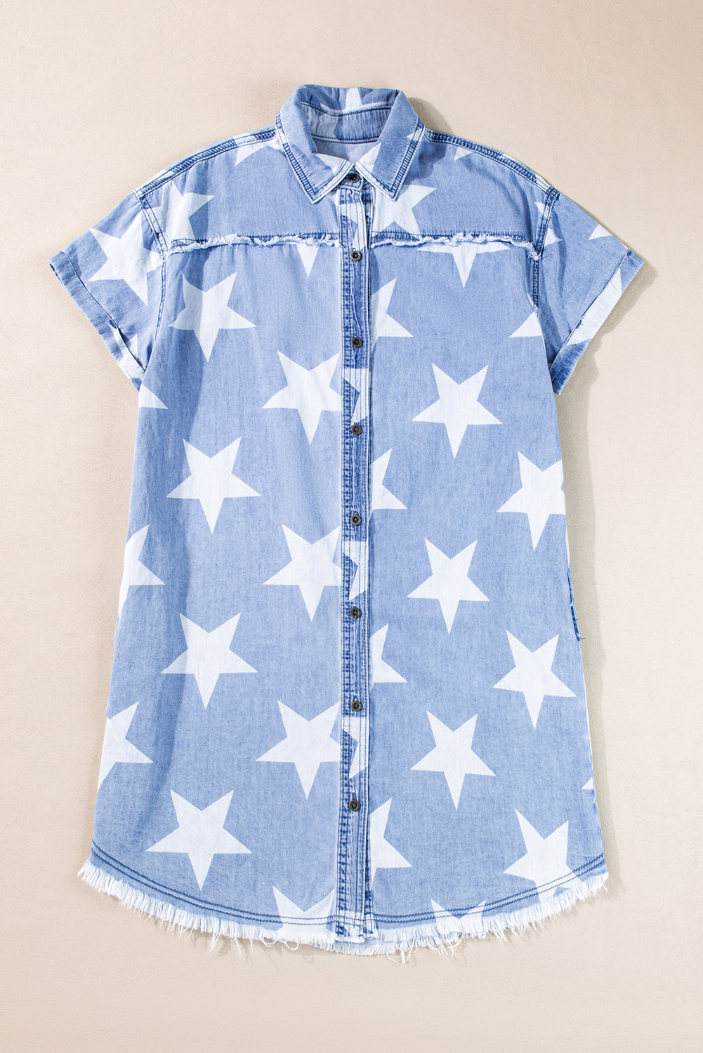 Stars Collared Frayed Hem Short-Sleeved Denim Dress in Sky Blue